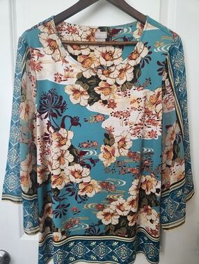 Chico's Teal Floral Long-Sleeve Tunic